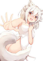 Rule 34 | 1girl, animal ear fluff, animal ears, ass, blush, breasts, cowboy shot, crossed bangs, d:, dutch angle, embarrassed, foreshortening, hair between eyes, inubashiri momiji, looking at viewer, medium breasts, no headwear, nose blush, open mouth, orange eyes, reaching, reaching towards viewer, rururiaru, short hair, silver hair, simple background, solo, tail, touhou, towel, twisted torso, white background, wolf ears, wolf tail