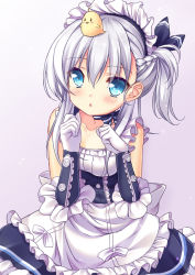 Rule 34 | 1girl, :o, animal, animal on head, apron, azur lane, bad id, bad pixiv id, belfast (azur lane), bird, bird on head, blue eyes, blush, bow, braid, breasts, brown background, chick, elbow gloves, frilled apron, frills, gloves, gradient background, hair between eyes, highres, little bel (azur lane), long hair, maid, maid headdress, moyasi06 25, on head, one side up, parted lips, silver hair, small breasts, solo, waist apron, white apron, white background, white bow, white gloves