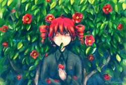 Rule 34 | 1girl, ahoge, blue shirt, bush, camellia, commentary, dated, drill hair, flower, highres, holding, holding flower, holding petal, kasane teto, leaf, looking at viewer, mouth hold, noshita, petals, red eyes, red flower, red hair, shirt, short hair, solo, standing, twin drills, twitter username, upper body, utau, yellow pupils
