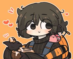 Rule 34 | +++, 1girl, :&gt;, animal, animal on shoulder, black eyes, black hair, black sweater, blush, cinnamon roll, closed eyes, closed mouth, commentary request, hair between eyes, harpy, heart, highres, holding, monster girl, notice lines, orange background, original, outline, overalls, simple background, smile, snail, solo, sweater, turtleneck, turtleneck sweater, uni souchou, white outline, winged arms, wings
