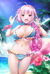 Rule 34 | 1girl, ahoge, bangle, bare shoulders, beach, bikini, blue bikini, blue hair, blue sky, bouncing breasts, bracelet, breasts, choker, cloud, collarbone, day, earrings, electric fan, fangs, flower, flower necklace, frilled bikini, frills, groin, hair between eyes, hair flower, hair intakes, hair ornament, handheld fan, hibiscus, horizon, idolmaster, idolmaster cinderella girls, innertube, jewelry, large breasts, lei, lens flare, looking at viewer, multicolored bikini, multicolored clothes, multicolored hair, nakajima yuka, necklace, ocean, open mouth, outdoors, paid reward available, palm tree, pill earrings, pink choker, pink eyes, pink flower, pink hair, pink innertube, pink wristband, plant, purple wristband, short hair, sky, solo, standing, star (symbol), star print, sunlight, swim ring, swimsuit, thigh gap, thighs, tongue, tree, two-tone hair, unaligned breasts, v-shaped eyebrows, water, yumemi riamu