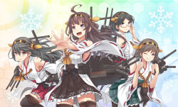 Rule 34 | 10s, 4girls, ;), adjusting eyewear, ahoge, bare shoulders, black hair, boots, brown hair, clenched hands, detached sleeves, double bun, frilled skirt, frills, glasses, hair ornament, hairband, haruna (kancolle), headgear, hiei (kancolle), honeycomb background, honeycomb pattern, japanese clothes, kantai collection, kirishima (kancolle), kongou (kancolle), long hair, multiple girls, nontraditional miko, one eye closed, open mouth, outstretched arm, outstretched hand, pantyhose, personification, plaid, plaid skirt, pleated skirt, ribbon-trimmed sleeves, ribbon trim, short hair, skirt, smile, snowflakes, thigh boots, thighhighs, v-mag, wink, zettai ryouiki