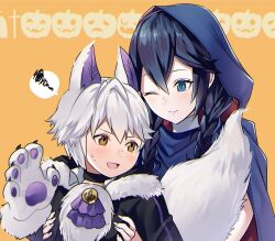 Rule 34 | 1boy, 1girl, alternate costume, alternate hairstyle, ameno (a meno0), animal hands, black choker, blue cape, blush, braid, brown eyes, cape, carrying, carrying person, choker, closed mouth, commentary, cosplay, fire emblem, fire emblem awakening, fire emblem heroes, fur-trimmed sleeves, fur trim, gloves, halloween, halloween costume, hood, hood up, hooded cape, little red riding hood (grimm), little red riding hood (grimm) (cosplay), long hair, looking at another, lucina (fire emblem), mixed-language commentary, nintendo, official alternate costume, one eye closed, open mouth, paw gloves, robin (fire emblem), robin (male) (fire emblem), robin (male) (halloween) (fire emblem), short hair, simple background, size difference, smile, twin braids, white hair, yellow background