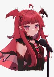 Rule 34 | 1girl, araka luto, artist name, black dress, breasts, butterfly hair ornament, commentary, cowlick, cropped torso, demon girl, dress, earrings, english commentary, hair ornament, head wings, highres, jewelry, long hair, microphone, nikkie viore, pink eyes, pointy ears, prism project, red hair, small breasts, solo, upper body, v-shaped eyebrows, virtual youtuber, wings