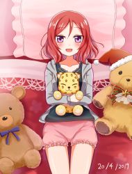 Rule 34 | 10s, 1girl, artist request, bed, breasts, character doll, cleavage, female focus, hairband, highres, looking at viewer, love live!, love live! school idol festival, love live! school idol project, mmrailgun, nishikino maki, purple eyes, red hair, short hair, smile, solo, stuffed animal, stuffed rabbit, stuffed toy, sweater, teddy bear, thighhighs