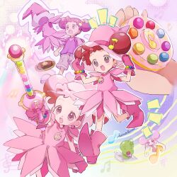 Rule 34 | 1girl, :d, arm up, artist name, commentary request, compact (cosmetics), dodo (ojamajo doremi), double bun, dress, earrings, fairy, fortissimo, full body, gloves, grey shorts, hair bun, hair ornament, hamburger steak, hand on headwear, hands up, hano luno, harukaze doremi, hat, highres, holding, holding compact, holding wand, jewelry, magical girl, majorika, multiple views, musical note, musical note hair ornament, ojamajo doremi, open mouth, pink dress, pink eyes, pink footwear, pink gloves, pink headwear, plate, pointy footwear, purple shirt, red hair, shirt, short hair, short sleeves, shorts, smile, standing, t-shirt, wand, witch hat