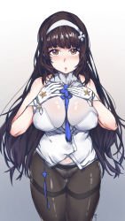 Rule 34 | 1girl, aningay, bare shoulders, between breasts, black pantyhose, blunt bangs, breast suppress, breasts, collarbone, cowboy shot, girls&#039; frontline, gloves, gluteal fold, gradient background, hairband, highres, impossible clothes, impossible shirt, large breasts, long hair, looking up, no pants, orange eyes, panties, panties under pantyhose, pantyhose, parted lips, shirt, simple background, solo, thighband pantyhose, type 95 (girls&#039; frontline), underwear, white gloves, white panties