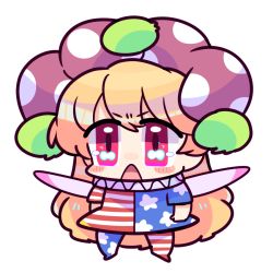 Rule 34 | 1girl, american flag dress, american flag pants, american flag print, blonde hair, blush, chibi, clownpiece, dress, fairy wings, full body, hair between eyes, harunori (hrnrx), hat, jester cap, long hair, looking to the side, neck ruff, no shoes, open mouth, pants, pink eyes, polka dot, pom pom (clothes), print pants, purple hat, short sleeves, simple background, solo, standing, star (symbol), star print, striped clothes, striped dress, striped pants, touhou, transparent background, very long hair, white background, wings