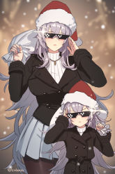 Rule 34 | 2girls, adjusting eyewear, adjusting glasses, age difference, azur lane, black jacket, blazer, breasts, brown legwear, buttons, christmas, crossed bangs, cuboon, deal with it (meme), double-breasted, glint, graf zeppelin (azur lane), grey hair, hair between eyes, hands up, hat, height difference, holding, holding sack, jacket, jewelry, large breasts, long hair, long sleeves, looking at viewer, meme, miniskirt, multiple girls, necklace, pantyhose, pleated skirt, red headwear, ribbed sweater, sack, santa hat, skirt, sunglasses, sweater, tinted eyewear, twitter username, v-shaped eyebrows, very long hair, white skirt, zeppy (azur lane)