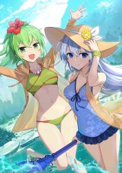 Rule 34 | 2girls, :d, arms up, bare legs, barefoot, bead necklace, beads, bikini, blue hair, blue one-piece swimsuit, brown jacket, character request, copyright request, covered navel, eria (yu-gi-oh!), eria the water charmer, flower, green bikini, green eyes, green hair, groin, hair flower, hair ornament, hat, hat ribbon, highres, holding, holding staff, hsin, jacket, jewelry, long hair, looking at viewer, multiple girls, navel, necklace, one-piece swimsuit, open clothes, open jacket, open mouth, outdoors, ponytail, red flower, ribbon, short hair, smile, staff, stomach, sun hat, swimsuit, thighs, wading, water, white ribbon, wynn (yu-gi-oh!), wynn the wind charmer
