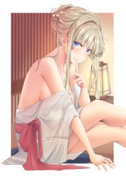 Rule 34 | 1girl, blonde hair, blue eyes, breasts, carrot (robosquat), commentary request, darling in the franxx, finger to mouth, flower, hair flower, hair ornament, index finger raised, japanese clothes, kimono, kokoro (darling in the franxx), lamp, large breasts, legs, long hair, looking at viewer, sitting, solo