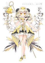 Rule 34 | 10s, 1girl, 2015, bare legs, bare shoulders, bell, blonde hair, blush, bow, crown, flower, full body, hair bow, horns, juna, long hair, looking at viewer, original, skirt, smile, solo, staff, standing, yellow eyes