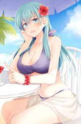 Rule 34 | 1girl, :d, alcohol, bad id, bad link, bad pixiv id, bikini, blush, breasts, chair, cleavage, collarbone, cup, day, drinking glass, flower, green eyes, green hair, hair between eyes, hair flower, hair ornament, jewelry, kantai collection, large breasts, long hair, open mouth, palm tree, parasol, purple bikini, red flower, red scrunchie, ring, rui shi (rayze ray), sarong, scrunchie, sitting, smile, solo, suzuya (kancolle), swimsuit, tree, umbrella, wedding band, white sarong, wine, wine glass, wrist scrunchie