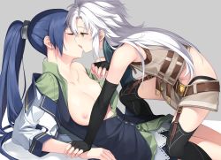 Rule 34 | 2girls, black gloves, black thighhighs, breasts, breasts out, closed eyes, eiyuu densetsu, elbow gloves, fie claussell, fingerless gloves, french kiss, garter straps, gloves, grey background, hakuleg, kiss, laura s. arseid, long hair, looking at another, multiple girls, nipples, no bra, ponytail, sen no kiseki, sen no kiseki iii, sen no kiseki iv, simple background, thighhighs, tongue, tongue out, very long hair, white hair, yellow eyes, yuri