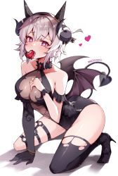 Rule 34 | 1girl, absurdres, animal ears, bare shoulders, black footwear, black gloves, black leotard, blush, boots, breasts, cleavage, collarbone, curren chan (umamusume), demon girl, demon horns, demon tail, demon wings, elbow gloves, full body, gloves, grey hair, hair between eyes, hand up, heart, heart-shaped pupils, highres, horns, horse ears, large breasts, leotard, looking at viewer, misoni (mi so ni t), mouth hold, purple eyes, purple wings, shadow, signature, simple background, single glove, single thigh boot, solo, symbol-shaped pupils, tail, thigh boots, thighs, torn footwear, umamusume, white background, wings