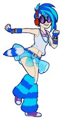 Rule 34 | 1girl, blue hair, bracelet, dancing, fingerless gloves, gloves, headphones, highres, jewelry, junk (junko-tan), midriff, multicolored hair, my little pony, my little pony: friendship is magic, navel, necklace, open mouth, personification, see-through, short hair, short shorts, shorts, simple background, skirt, smile, solo, sunglasses, tank top, two-tone hair, vinyl scratch, white background