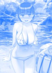 Rule 34 | 1girl, 2boys, @ @, arms behind back, bag, bikini, blue theme, blunt bangs, blush, braid, breasts, commentary request, earrings, frilled bikini, frills, getsuyoubi no tawawa, goggles, highres, himura kiseki, jewelry, large breasts, looking at viewer, monochrome, multiple boys, navel, outdoors, rock, sparkle, sweatdrop, swimsuit, tree, water