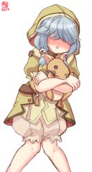 Rule 34 | 1girl, absurdres, artist logo, black ribbon, blush, braid, commentary request, cosplay, cowboy shot, dated, dorothy (rune factory), dorothy (rune factory) (cosplay), grey hair, hair over eyes, hair ribbon, hamanami (kancolle), highres, hood, hugging doll, hugging object, kanon (kurogane knights), kantai collection, long hair, look-alike, nose blush, pumpkin shorts, ribbon, rune factory, rune factory 2, simple background, single braid, solo, stuffed deer, stuffed toy, trait connection, white background