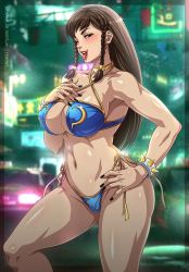 Rule 34 | 1girl, alternate costume, alternate hairstyle, bare shoulders, bikini, blue bikini, blush, bracelet, braid, breasts, brown eyes, brown hair, capcom, chun-li, cleavage, collarbone, curvy, female focus, fernando sano, halterneck, hand on own chest, jewelry, large breasts, long hair, muscular, muscular female, nail polish, naughty face, navel, necklace, one eye closed, open mouth, shiny skin, side-tie bikini bottom, solo, spiked bracelet, spikes, stomach, street fighter, street fighter v, swimsuit, thick thighs, thighs, thong, tongue, tongue out