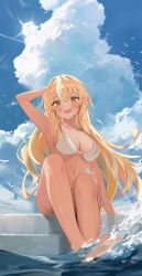 Rule 34 | 1girl, absurdres, arm behind head, arm up, armpits, bikini, blonde hair, blush, breasts, cleavage, cloud, cloudy sky, dark-skinned female, dark skin, day, elf, highres, hololive, large breasts, long hair, looking at viewer, multicolored hair, navel, nel dcm, open mouth, orange eyes, outdoors, pointy ears, shiranui flare, shore, sitting, sitting on stairs, sky, soaking feet, solo, stairs, streaked hair, swimsuit, virtual youtuber, water, white bikini, white hair