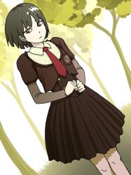 Rule 34 | 1girl, black eyes, black hair, brown jacket, brown skirt, cropped jacket, dutch angle, highres, jacket, looking at viewer, necktie, nicomull250, original, outdoors, own hands together, pleated skirt, puffy sleeves, red necktie, school uniform, shirt, short hair, skirt, solo, tree, white shirt