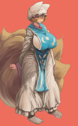 Rule 34 | 1girl, absurdres, animal hat, arm at side, arm behind back, blonde hair, blush, breasts, brown eyes, chanta (ayatakaoisii), covered erect nipples, dress, fox tail, frilled dress, frills, full body, hat, highres, huge breasts, long sleeves, looking at viewer, mob cap, multiple tails, mob cap, short hair, sideways glance, simple background, slit pupils, smile, solo, tabard, tabi, tail, touhou, white dress, white legwear, wide hips, wide sleeves, yakumo ran