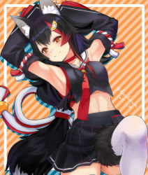 Rule 34 | 1girl, animal ear fluff, animal ears, armpits, black hair, black skirt, brown eyes, closed mouth, detached sleeves, diagonal stripes, haruyama kazunori, hololive, long hair, looking at viewer, lying, midriff, on back, ookami mio, ookami mio (1st costume), orange background, red hair, skirt, smile, solo, striped, striped background, tail, thighhighs, virtual youtuber, white thighhighs, wolf ears, wolf girl, wolf tail