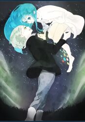 Rule 34 | 1boy, 1girl, aurora, black sweater, blue eyes, blue hair, commentary request, crying, crying with eyes open, dress, eye contact, floating, full body, green eyes, gregorio (fullkawa honpo), grey hair, long hair, looking at another, open mouth, sky, star (sky), starry sky, sweater, tears, teharu (aosabumo), white dress