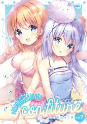 Rule 34 | 2girls, :d, :o, amedamacon, angora rabbit, animal, animal on head, bare shoulders, bikini, blue eyes, blue hair, blush, breasts, casual one-piece swimsuit, chestnut mouth, cleavage, commentary request, cover, cover page, gochuumon wa usagi desu ka?, hair between eyes, hair ornament, hairclip, highres, hoto cocoa, kafuu chino, kerchief, light blue hair, long hair, looking at viewer, medium breasts, miniskirt, multiple girls, navel, on head, one-piece swimsuit, open mouth, orange hair, purple eyes, rabbit, skirt, small breasts, smile, swimsuit, tippy (gochiusa), v, water, water drop, x hair ornament