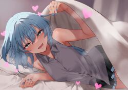 Rule 34 | 1girl, absurdres, armpits, bare shoulders, black skirt, blanket, blue hair, blue nails, blush, breasts, collared shirt, green eyes, grey shirt, hair down, half-closed eyes, hatsune miku, heart, highres, long hair, looking at viewer, lying, medium breasts, miniskirt, momihige, naughty face, on side, open mouth, pleated skirt, shirt, skirt, sleeveless, sleeveless shirt, smile, solo, under covers, very long hair, vocaloid, wing collar