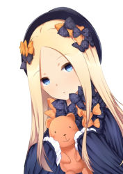 Rule 34 | 1girl, abigail williams (fate), black bow, black dress, black hat, blonde hair, blue eyes, blush, bow, chahei, commentary request, dress, fate/grand order, fate (series), forehead, hair bow, hat, holding, holding stuffed toy, long hair, long sleeves, looking at viewer, orange bow, parted bangs, parted lips, polka dot, polka dot bow, simple background, sleeves past fingers, sleeves past wrists, solo, stuffed animal, stuffed toy, teddy bear, upper body, very long hair, white background