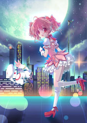Rule 34 | 10s, 2girls, akemi homura, bad id, bad pixiv id, cityscape, kaname madoka, kyubey, looking back, mahou shoujo madoka magica, mahou shoujo madoka magica (anime), moon, multiple girls, pink hair, ratise, red eyes, short hair, short twintails, twintails