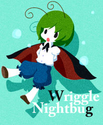 Rule 34 | 1girl, antennae, arms behind back, cape, character name, female focus, full body, green hair, karaagetarou, partially colored, solo, touhou, wriggle nightbug