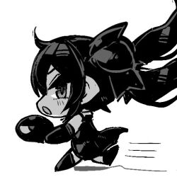 Rule 34 | 1girl, backbeako (torotei), backbeard, chibi, dress, elbow gloves, from side, full body, gegege no kitarou, gloves, hair over one eye, hair ribbon, holding, long hair, looking at viewer, monochrome, motion lines, open mouth, original, pointy ears, profile, ribbon, running, simple background, sleeveless, sleeveless dress, solo, thighhighs, torotei, twintails, white background