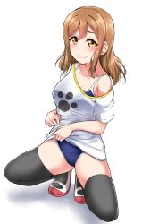 Rule 34 | 1girl, black thighhighs, blush, brown hair, clothes lift, collarbone, commentary request, competition school swimsuit, highres, kunikida hanamaru, lifting own clothes, long hair, looking at viewer, love live!, love live! school idol festival, love live! sunshine!!, no pants, off-shoulder shirt, off shoulder, one-piece swimsuit, paw print, print shirt, school swimsuit, shirt, shirt lift, shoes, short sleeves, smile, solo, spread legs, squatting, swimsuit, swimsuit under clothes, t-shirt, thighhighs, uwabaki, white background, yellow eyes, yopparai oni