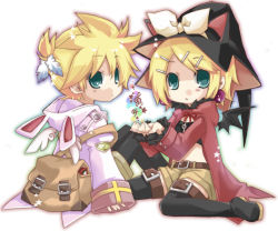 Rule 34 | 1boy, 1girl, animal ears, backpack, bag, bat wings, belt, blonde hair, blue eyes, blush, bow, brother and sister, rabbit ears, cat ears, earrings, feathers, hair ornament, hairclip, hat, hekicha, jewelry, kagamine len, kagamine rin, midriff, musical note, randoseru, short hair, siblings, thighhighs, twins, vocaloid, wings, witch hat