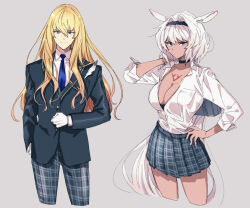 1boy 1girl alternate_costume animal_ears bag black_choker black_hairband blonde_hair blue_bag blue_eyes blue_jacket blue_necktie blue_pants blue_skirt body_markings breasts caenis_(fate) chaldea_logo choker cleavage clenched_hand closed_mouth cropped_legs dark-skinned_female dark_skin fate/grand_order fate_(series) feathers gloves gold_trim grey_background hair_between_eyes hair_intakes hairband hand_in_pocket hand_on_own_hip hand_up holding holding_bag horse_ears jacket kirschtaria_wodime long_hair long_sleeves looking_at_viewer necktie pants partially_unbuttoned plaid_clothes plaid_pants plaid_skirt pleated_skirt school_bag school_uniform shirt side-by-side simple_background skirt sleeves_rolled_up smile wani_(mezo) white_feathers white_gloves white_hair white_shirt