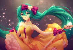 Rule 34 | 1girl, absurdly long hair, accessories, bad id, bad pixiv id, bare shoulders, bow, breasts, collarbone, dress, edwin-kun, eyebrows, eyelashes, frills, gloves, green eyes, green hair, hair bow, hair ornament, hatsune miku, highres, holding, jewelry, kochira koufuku anshin iinkai desu (vocaloid), light particles, long hair, looking at viewer, microphone, microphone stand, nail polish, necklace, skirt hold, smile, solo, twintails, very long hair, vocaloid