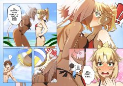 Rule 34 | !, 1boy, 2girls, absurdres, accidental kiss, animal ears, ass, asymmetrical docking, back, ball, beach, beachball, bikini, black bikini, blonde hair, blush, braid, breast press, breasts, brown hair, caenis (fate), cleavage, clenched teeth, comic, dark-skinned female, dark skin, english text, fate/grand order, fate (series), french braid, fujimaru ritsuka (male), groin, hand on own hip, hard-translated, highres, hyperbudd, kiss, mordred (fate), mordred (fate) (all), mordred (fate/apocrypha), mordred (swimsuit rider) (fate), multiple girls, open mouth, playing sports, red bikini, side-tie bikini bottom, sideboob, sidelocks, speech bubble, spoken exclamation mark, swimsuit, tearing up, teeth, thighs, third-party edit, topless male, volleyball, volleyball (object), white hair, yuri