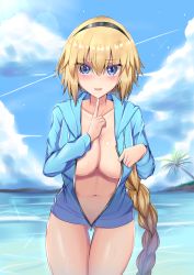 Rule 34 | 1girl, absurdres, blonde hair, blue eyes, blue jacket, blue sky, blush, braid, breasts, cleavage, cloud, day, fate/apocrypha, fate/grand order, fate (series), finger to mouth, gluteal fold, highres, hood, hooded jacket, index finger raised, jacket, jeanne d&#039;arc (fate), jeanne d&#039;arc (ruler) (fate), jeanne d&#039;arc (swimsuit archer) (fate), jeanne d&#039;arc (swimsuit archer) (first ascension) (fate), jo (pixiv29989419), large breasts, legs together, long hair, looking at viewer, naked jacket, navel, nude, ocean, shiny skin, shushing, single braid, sky, smile, solo, standing, thigh gap, water