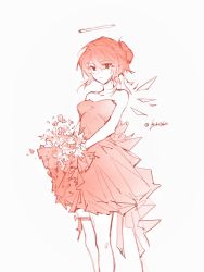 Rule 34 | 1girl, absurdres, alternate costume, alternate hairstyle, arknights, artist name, asakishiosugishiro, bouquet, brown eyes, detached wings, dress, energy wings, exusiai (arknights), feet out of frame, flower, hair between eyes, halo, highres, holding, holding bouquet, holding flower, red dress, red hair, short hair, simple background, solo, strapless, strapless dress, thigh strap, white background, wings