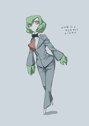 Rule 34 | 1girl, barefoot, black bow, black bowtie, bow, bowtie, closed mouth, clothed pokemon, colored skin, creatures (company), dated, eyes visible through hair, female focus, formal, full body, game freak, gardevoir, gen 3 pokemon, green hair, green skin, grey background, grey jacket, grey pants, hair between eyes, jacket, japanese text, long sleeves, looking to the side, multicolored skin, nayuta takumi, nintendo, pants, pokemon, pokemon (creature), red eyes, shirt, short hair, simple background, solo, standing, suit, translation request, two-tone skin, walking, white shirt, white skin