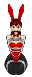 Rule 34 | 1girl, absurdres, animal ears, arms behind back, atlus, bdsm, bit gag, black pantyhose, blush, bondage, bound, bound arms, bound legs, bow, bowtie, box tie, breast bondage, breasts, cleavage, collarbone, detached collar, fake animal ears, female focus, gag, gagged, highres, kneeling, leotard, long hair, looking at viewer, matching hair/eyes, pantyhose, persona, persona 5, persona 5 the royal, playboy bunny, rabbit ears, red bow, red bowtie, red eyes, red hair, red leotard, rope, solo, thick thighs, thighs, wossarem, yoshizawa kasumi