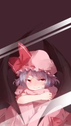 Rule 34 | 1girl, against glass, bat wings, fang, fang out, fourth wall, hat, hat ribbon, highres, hugging own legs, imoko (imonatsuki), knees to chest, light purple hair, looking at viewer, mob cap, pout, puffy short sleeves, puffy sleeves, purple background, red eyes, remilia scarlet, ribbon, short hair, short sleeves, sitting, skirt, skirt set, solo, tears, touhou, wings