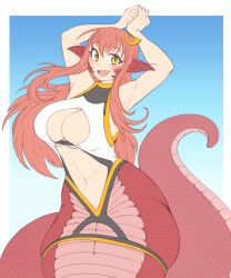 Rule 34 | 1girl, :d, armpits, arms up, blush, breasts, cleavage cutout, clothing cutout, fang, flat color, hair ornament, hairclip, highres, kittenboogers, lamia, long hair, looking at viewer, miia (monster musume), monster girl, monster musume no iru nichijou, navel, open mouth, pointy ears, red hair, revealing clothes, slit pupils, smile, solo, tail, thighs, yellow eyes