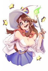 Rule 34 | 1girl, bare shoulders, belt, breasts, brown eyes, brown hair, cleavage, detached sleeves, gofa, hat, highres, kagari atsuko, little witch academia, long sleeves, magic, nail polish, aged up, open mouth, skirt, wand, white background, witch, witch hat