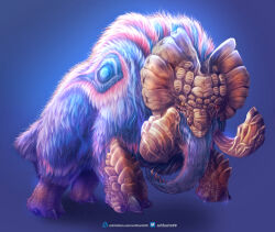 Rule 34 | arthuria-99, artist name, artstation logo, artstation username, blue background, commentary, elephant, english commentary, full body, gammoth, gradient background, gradient fur, highres, looking at viewer, mammoth, mixed-language commentary, monster, monster focus, monster hunter (series), standing, tusks, twitter logo, twitter username, watermark, web address
