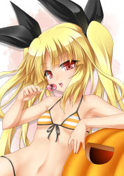 Rule 34 | 1girl, armpits, bikini, blazblue, blonde hair, breasts, candy, eyelashes, food, front-tie top, gradient background, hair ribbon, highres, jack-o&#039;-lantern, lollipop, looking at viewer, navel, open mouth, pink background, rachel alucard, red eyes, ribbon, roura, small breasts, solo, stomach, string bikini, striped bikini, striped clothes, swimsuit, tongue, tongue out, twintails