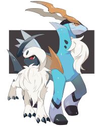 Rule 34 | absol, animal focus, antlers, black background, claws, cobalion, commentary request, creatures (company), fluffy, full body, game freak, gen 3 pokemon, gen 5 pokemon, hideko (l33l3b), highres, horns, leg up, legendary pokemon, looking to the side, nintendo, no humans, pokemon, pokemon (creature), red eyes, simple background, standing, walking, white fur, yellow eyes