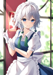 Rule 34 | 1girl, apron, blue dress, blue eyes, braid, breasts, closed mouth, collared shirt, dress, frilled apron, frills, gloves, grey hair, hair between eyes, highres, izayoi sakuya, looking at viewer, maid, maid apron, maid headdress, medium breasts, miy@, puffy short sleeves, puffy sleeves, shirt, short hair, short sleeves, smile, solo, touhou, twin braids, white apron, white gloves, white shirt